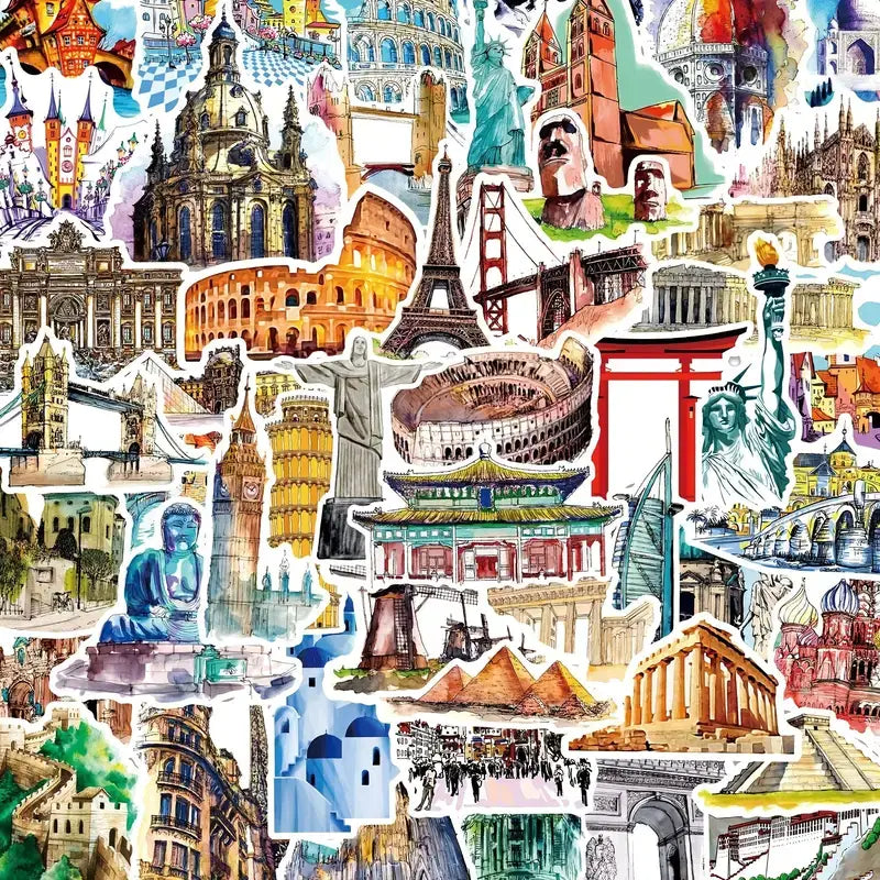 Travel World Landmarks Stickers | 20 Assorted Retro Style Decals | Tourist Spot Stickers