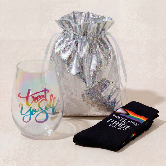 Treat Yo Self Gift Set | Jumbo Wine Glass & Pride Socks in Gift Bag