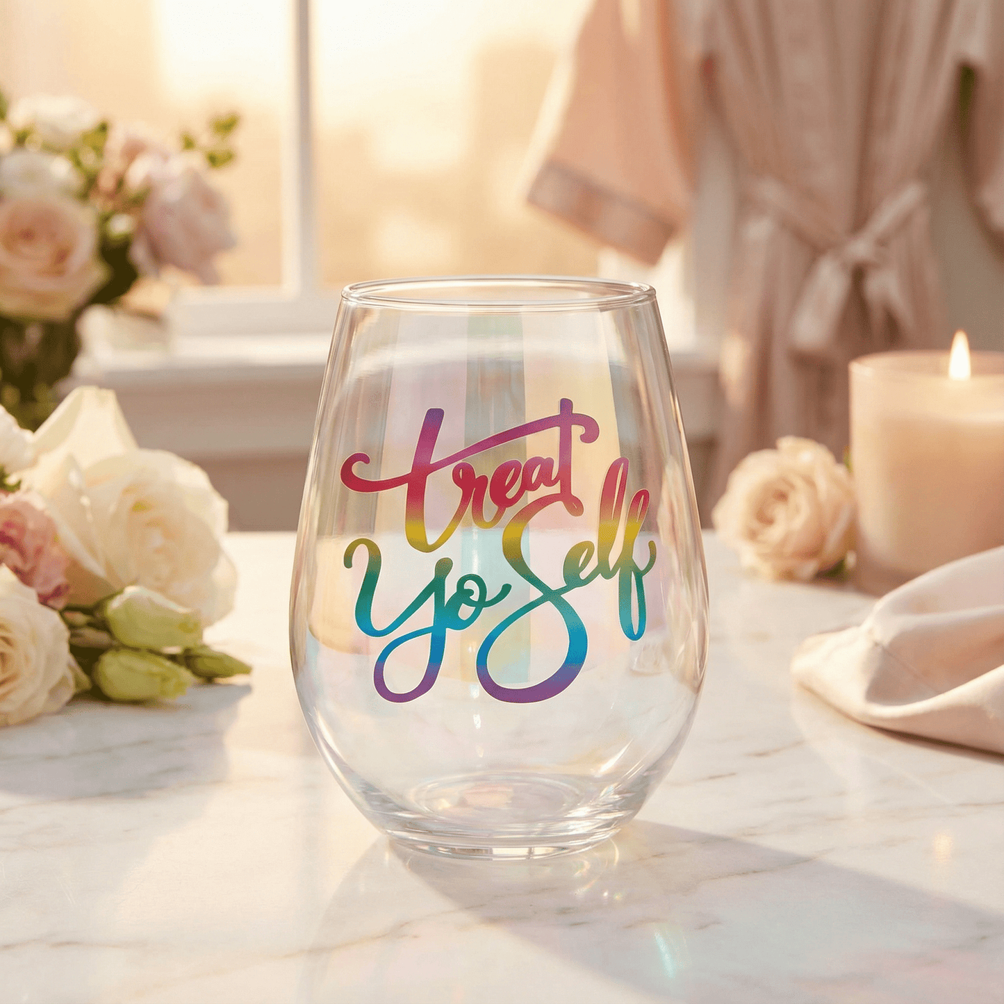 Treat Yo Self Jumbo Stemless Wine Glass in Rainbow Colors | 30 Oz. | Holds an Entire Bottle of Wine