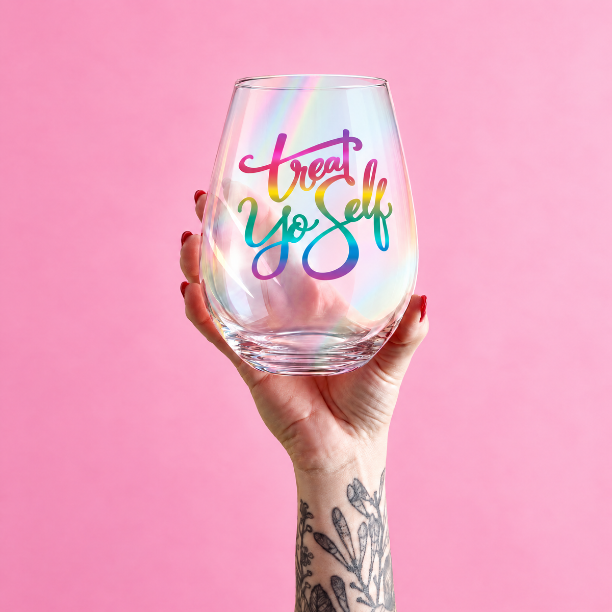 Treat Yo Self Jumbo Stemless Wine Glass in Rainbow Colors | 30 Oz. | Holds an Entire Bottle of Wine-Slant-The Bullish Store