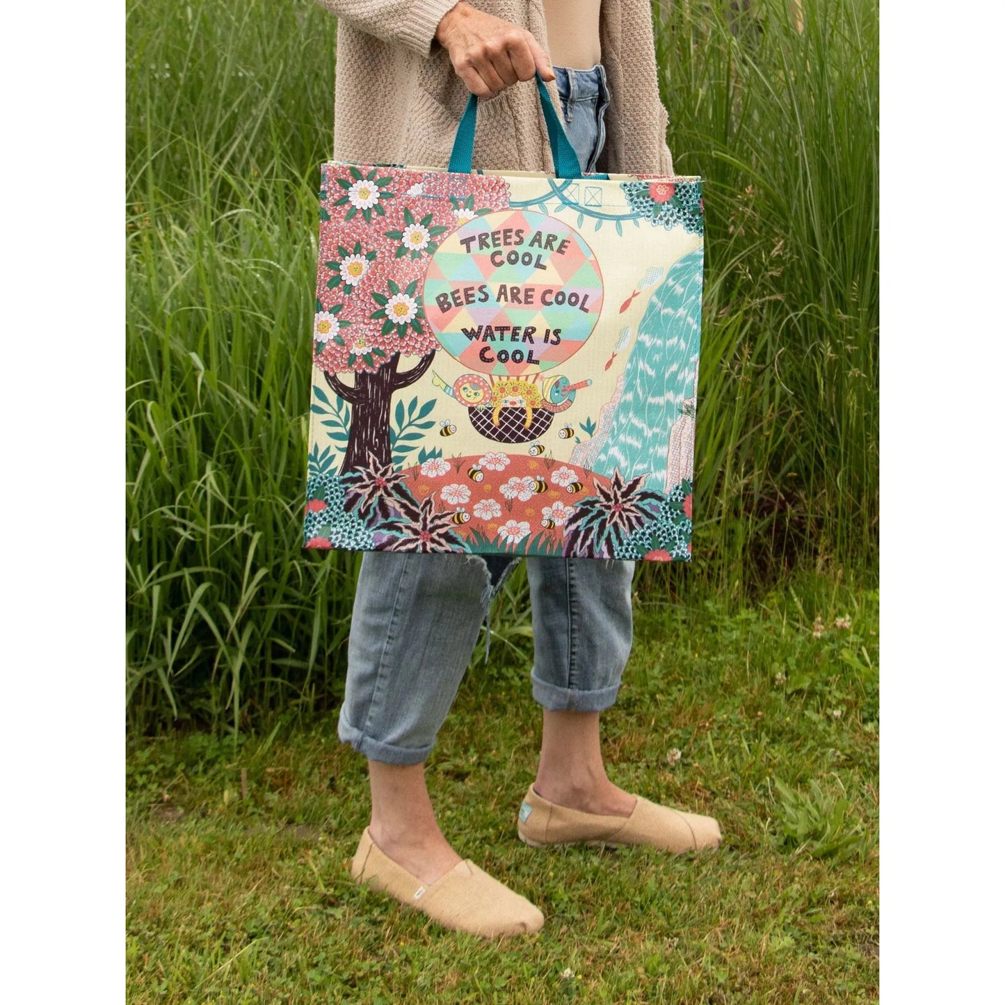 Trees Are Cool. Bees Are Cool. Water Is Cool. Shopper Tote Bag | Post Consumer Material Shopping Bag | 16" x 15" | BlueQ at GetBullish
