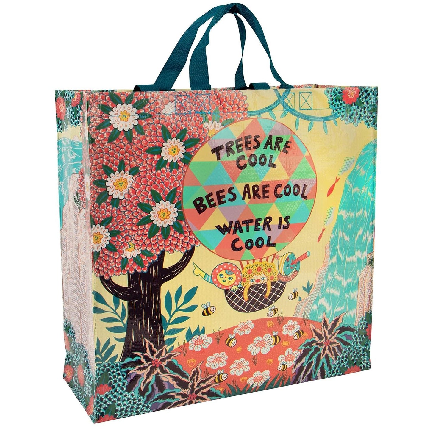 Trees Are Cool. Bees Are Cool. Water Is Cool. Shopper Tote Bag | Post Consumer Material Shopping Bag | 16" x 15" | BlueQ at GetBullish