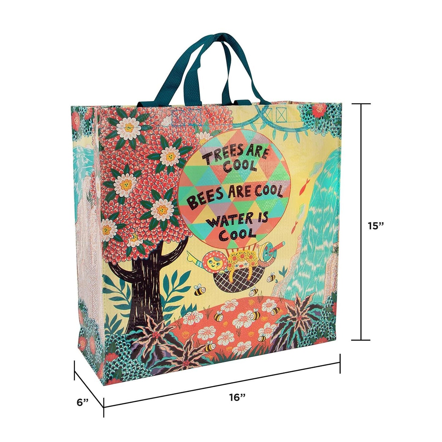 Trees Are Cool. Bees Are Cool. Water Is Cool. Shopper Tote Bag | Post Consumer Material Shopping Bag | 16" x 15" | BlueQ at GetBullish