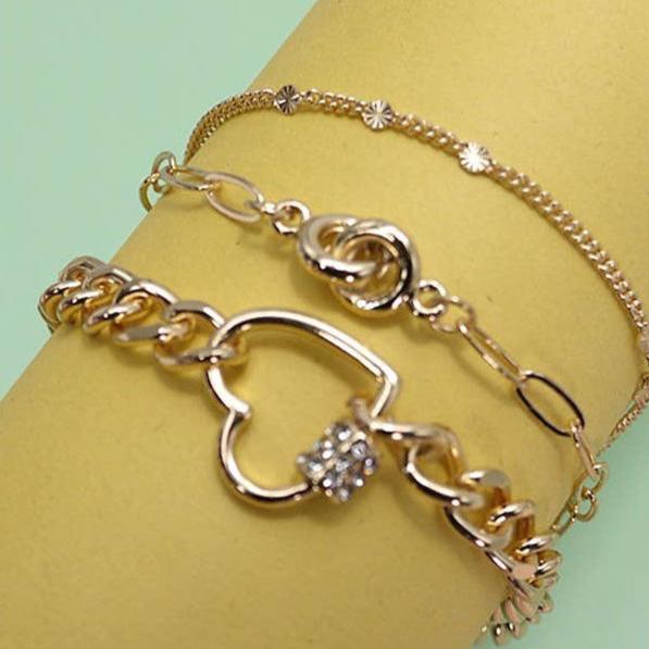 Trio Layer Heart Charm Bracelet | Gold Tone Jewelry