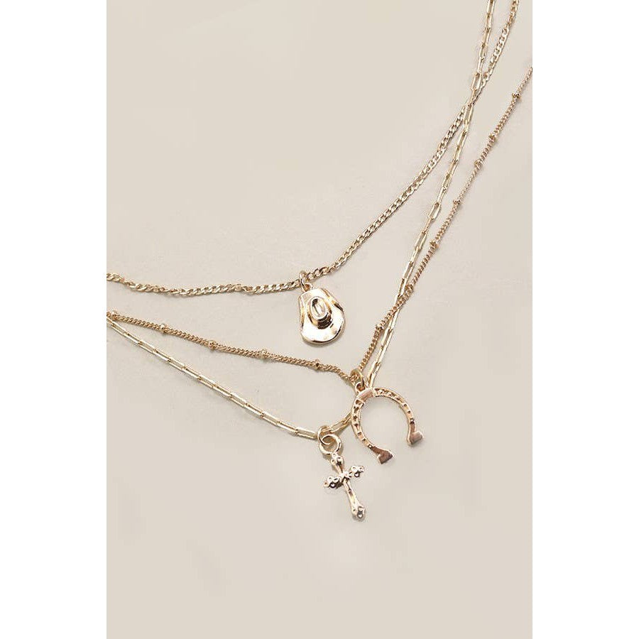 Trio Layer Horseshoe Hat Cross Charm Necklace | Gold Tone Multi Layer Jewelry