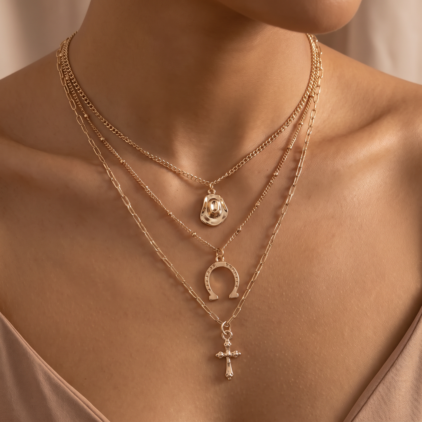 Trio Layer Horseshoe Hat Cross Charm Necklace | Gold Tone Multi Layer Jewelry-JOSSLYN by Wall to Wall-The Bullish Store