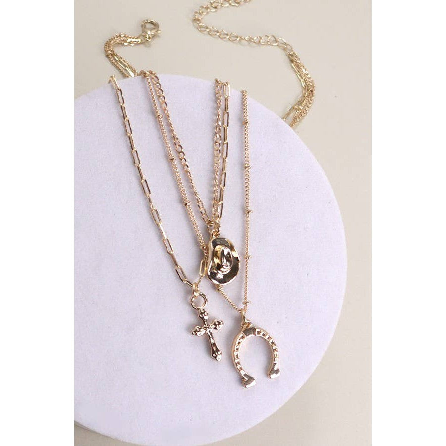 Trio Layer Horseshoe Hat Cross Charm Necklace | Gold Tone Multi Layer Jewelry