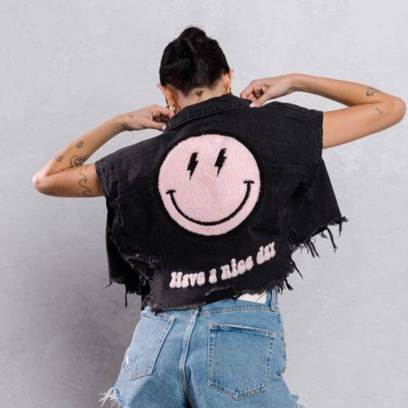 Trio Urban Pink Smiley Face Short Distressed Denim Vest in Black