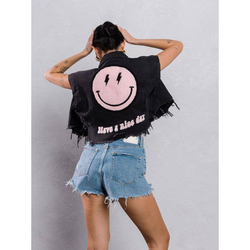 Trio Urban Pink Smiley Face Short Distressed Denim Vest in Black