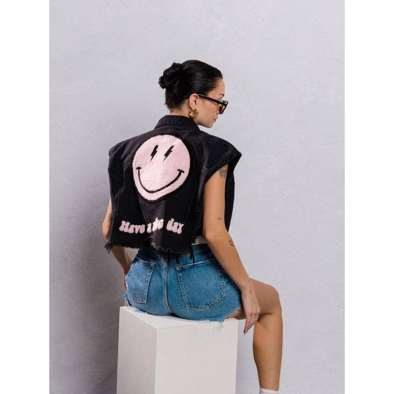 Trio Urban Pink Smiley Face Short Distressed Denim Vest in Black