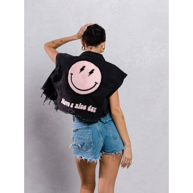 Trio Urban Pink Smiley Face Short Distressed Denim Vest in Black