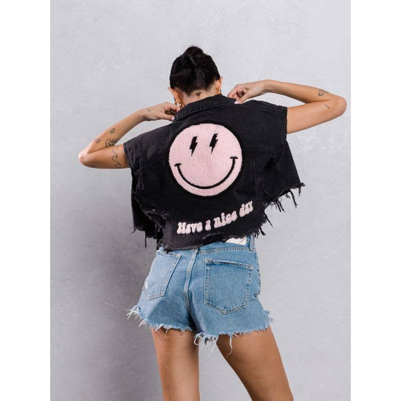 Trio Urban Pink Smiley Face Short Distressed Denim Vest in Black