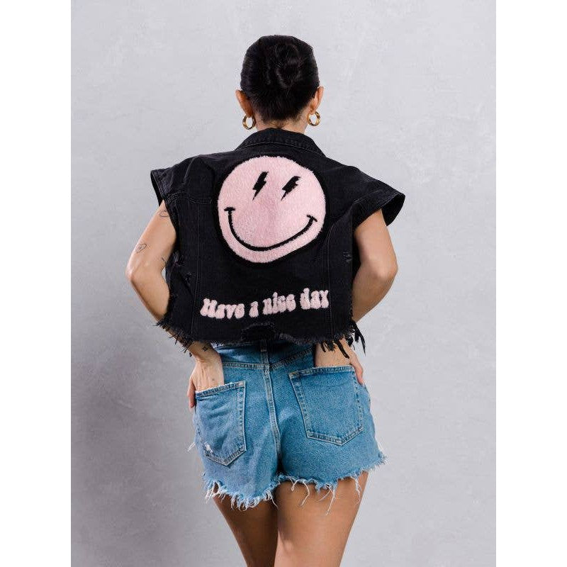 Trio Urban Pink Smiley Face Short Distressed Denim Vest in Black