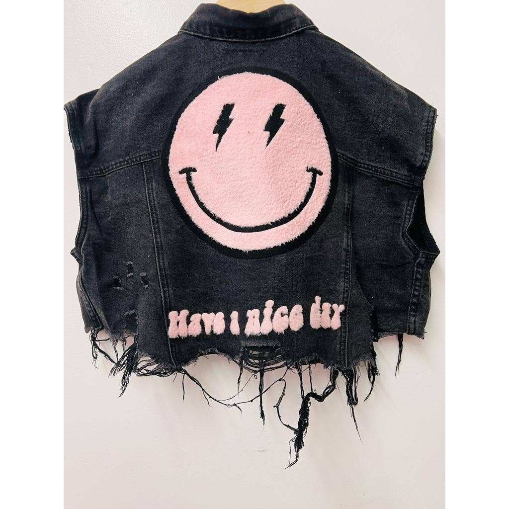 Trio Urban Pink Smiley Face Short Distressed Denim Vest in Black