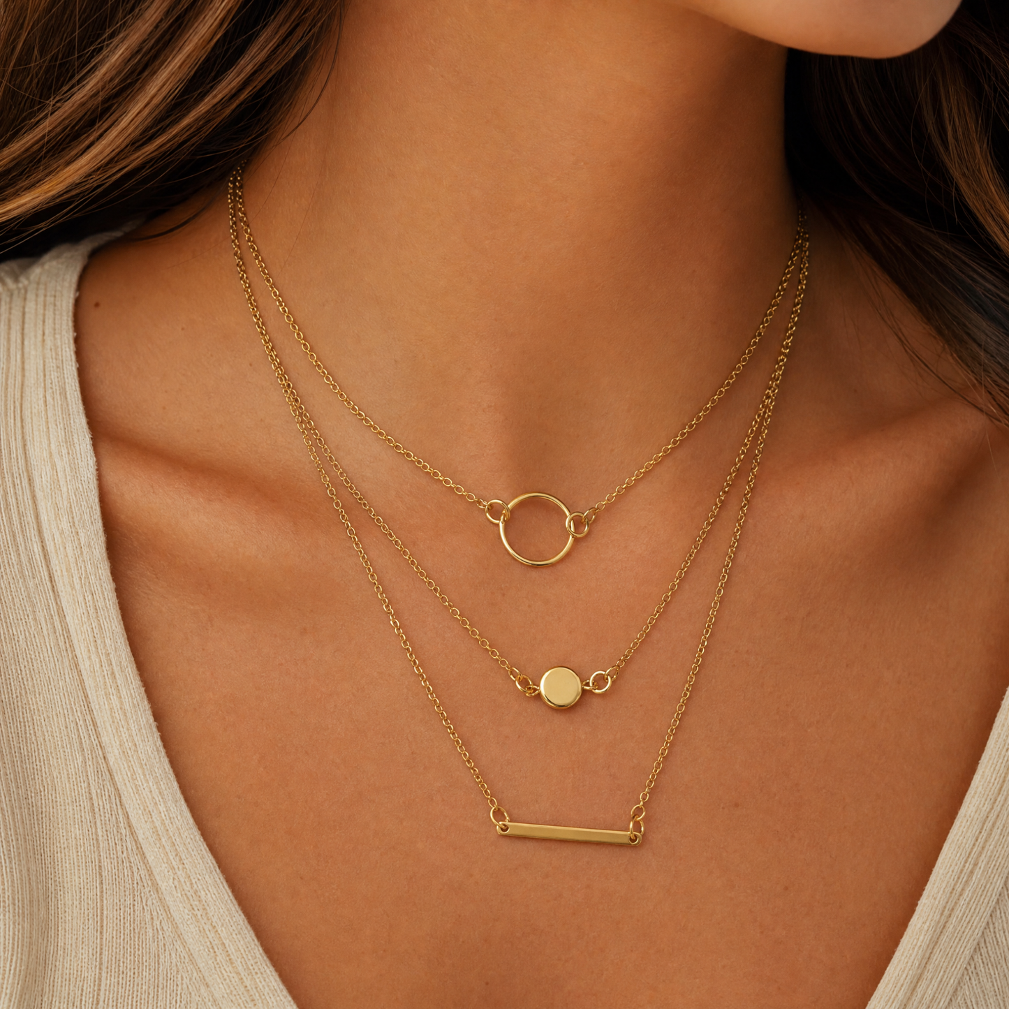 Triple Layered Bar and Circle Necklace | Three Fine Gold Strands | 20" + 2" Extender