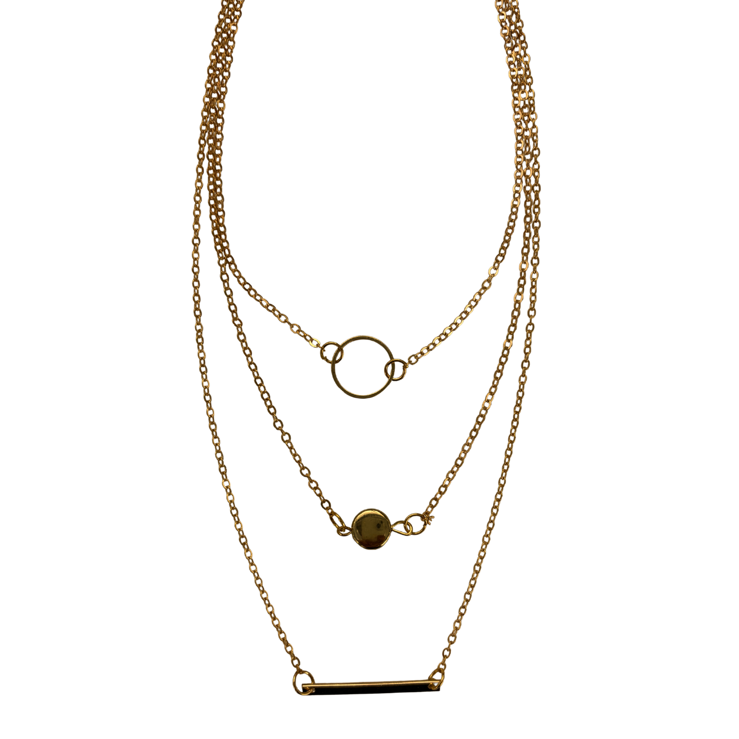 Triple Layered Bar and Circle Necklace | Three Fine Gold Strands | 20" + 2" Extender