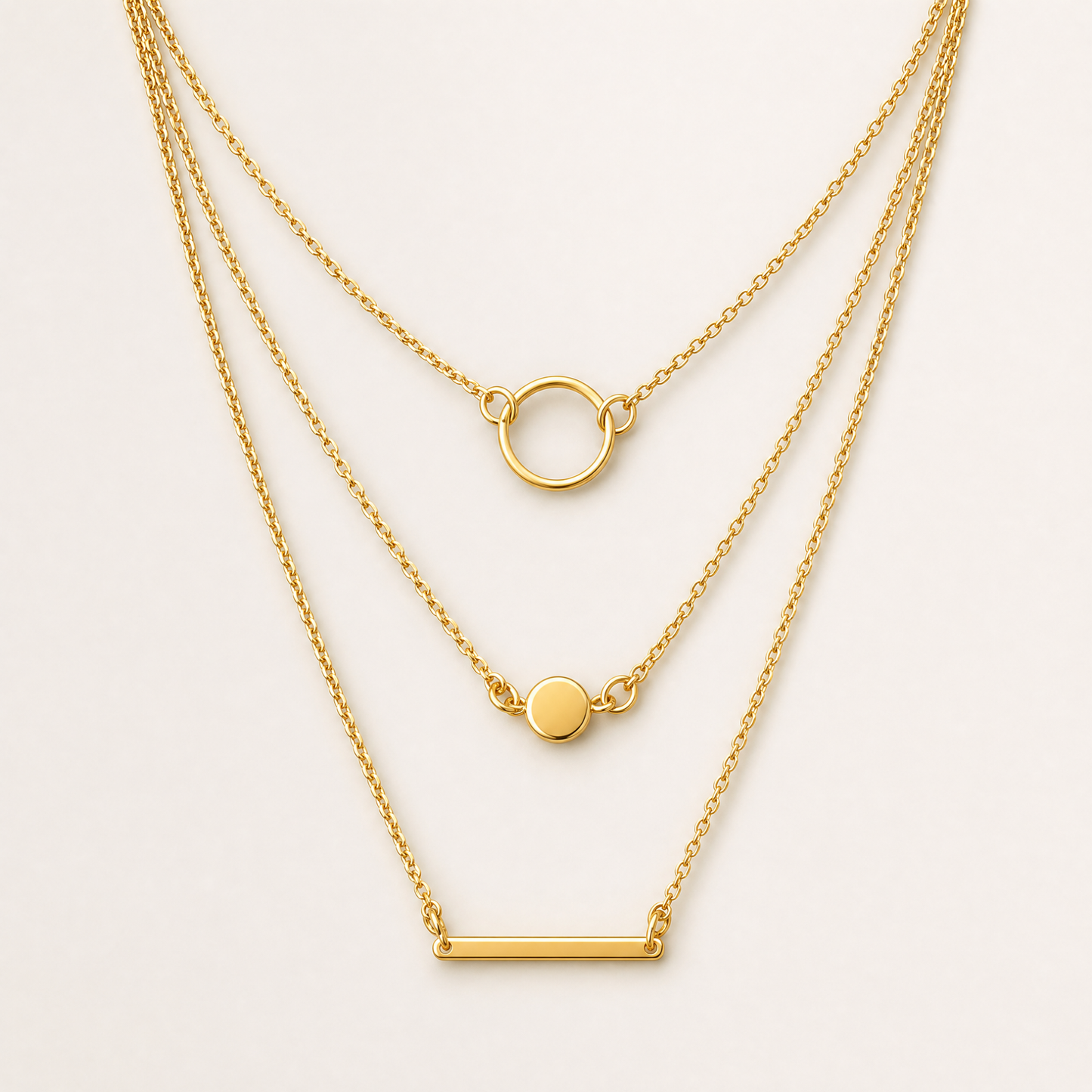 Triple Layered Bar and Circle Necklace | Three Fine Gold Strands | 20" + 2" Extender