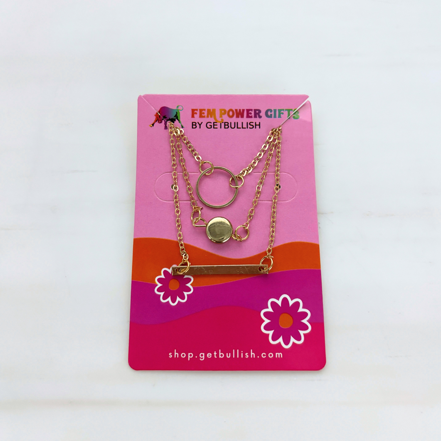 Triple Layered Bar and Circle Necklace | Three Fine Gold Strands | 20" + 2" Extender