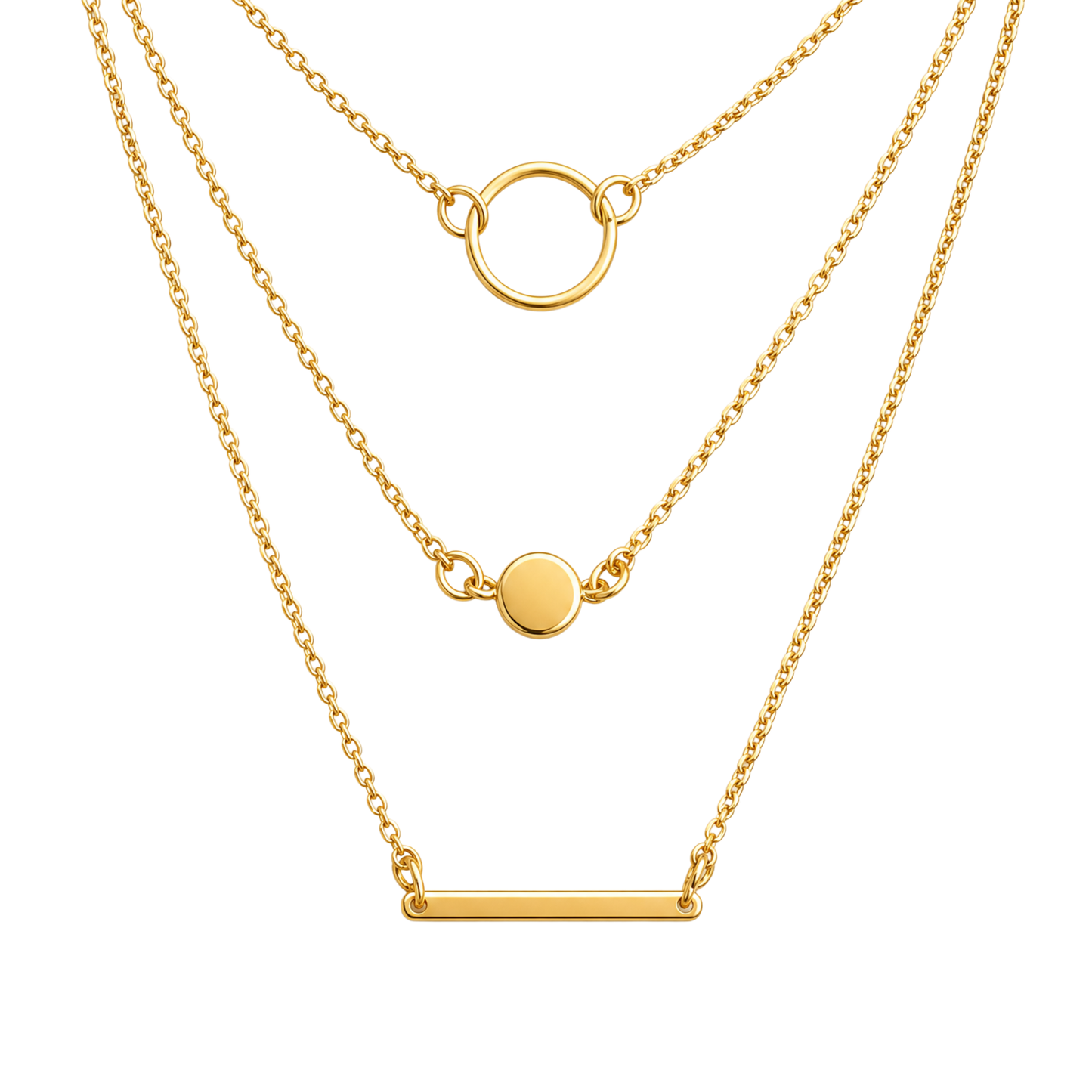 Triple Layered Bar and Circle Necklace | Three Fine Gold Strands | 20" + 2" Extender