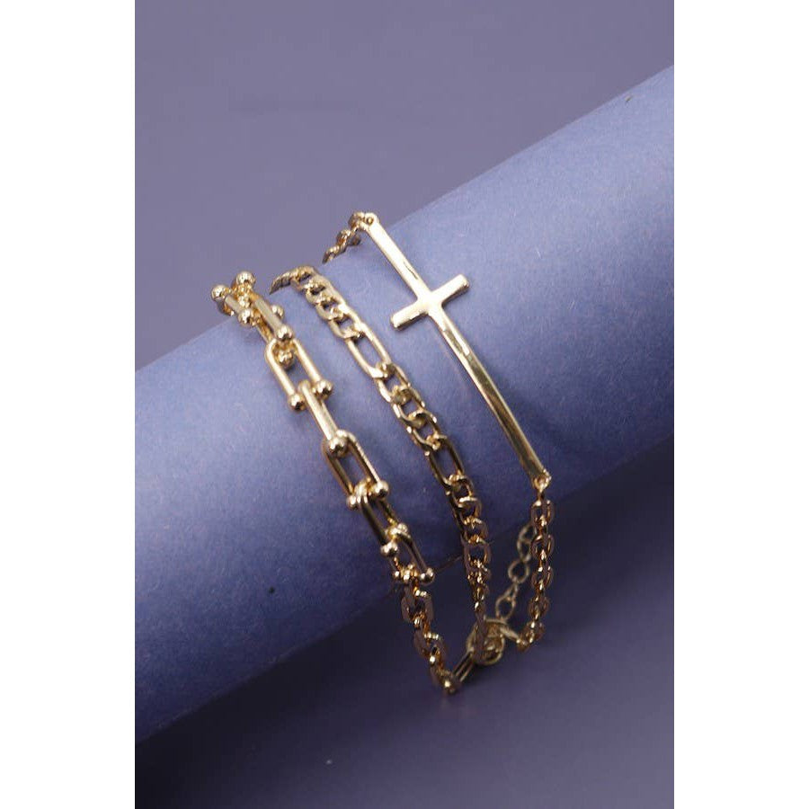 Triple Multi Bracelets with Large Cross Charm Pendant | Gold Tone Fashion Jewelry