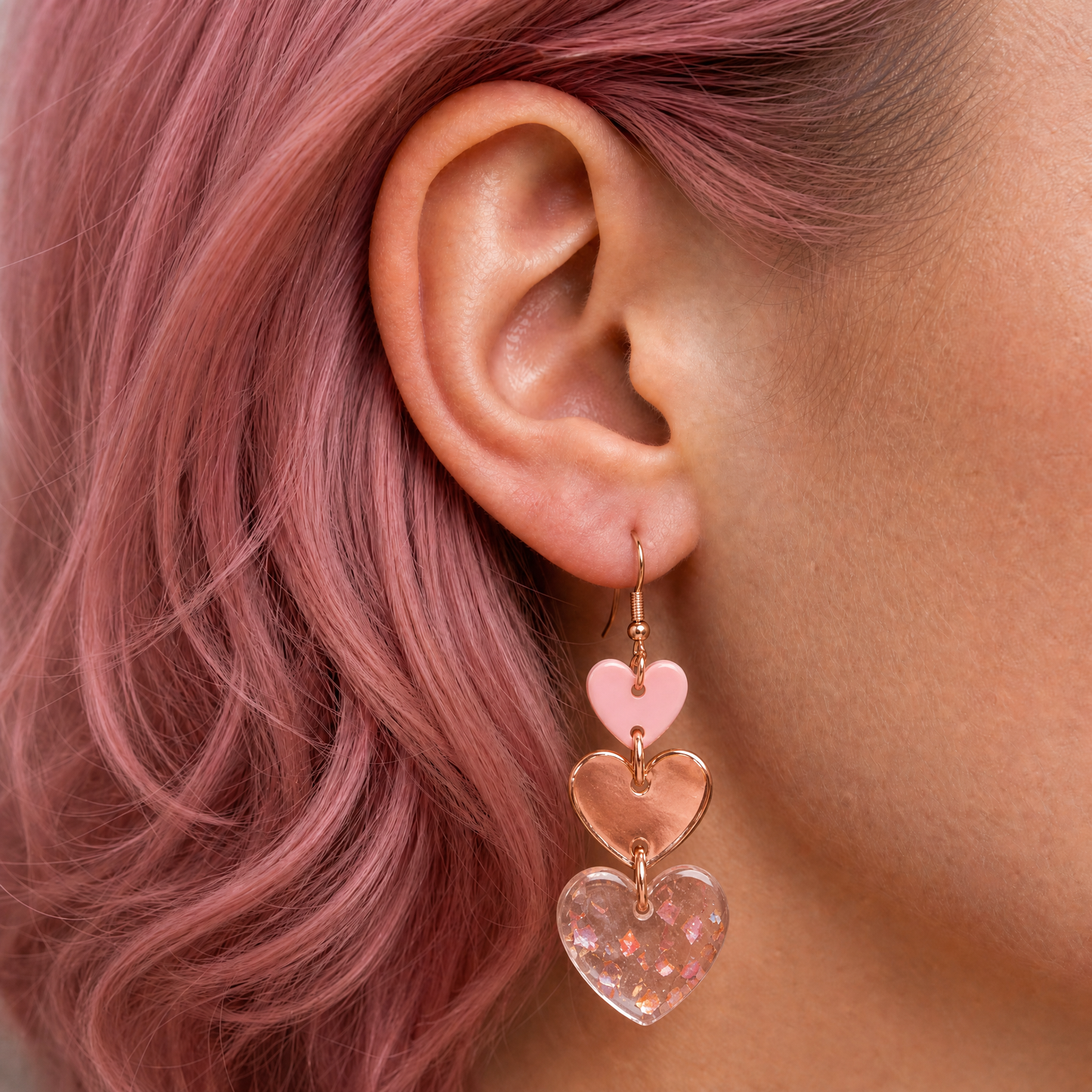Triple Rose Hearts Dangle Earrings