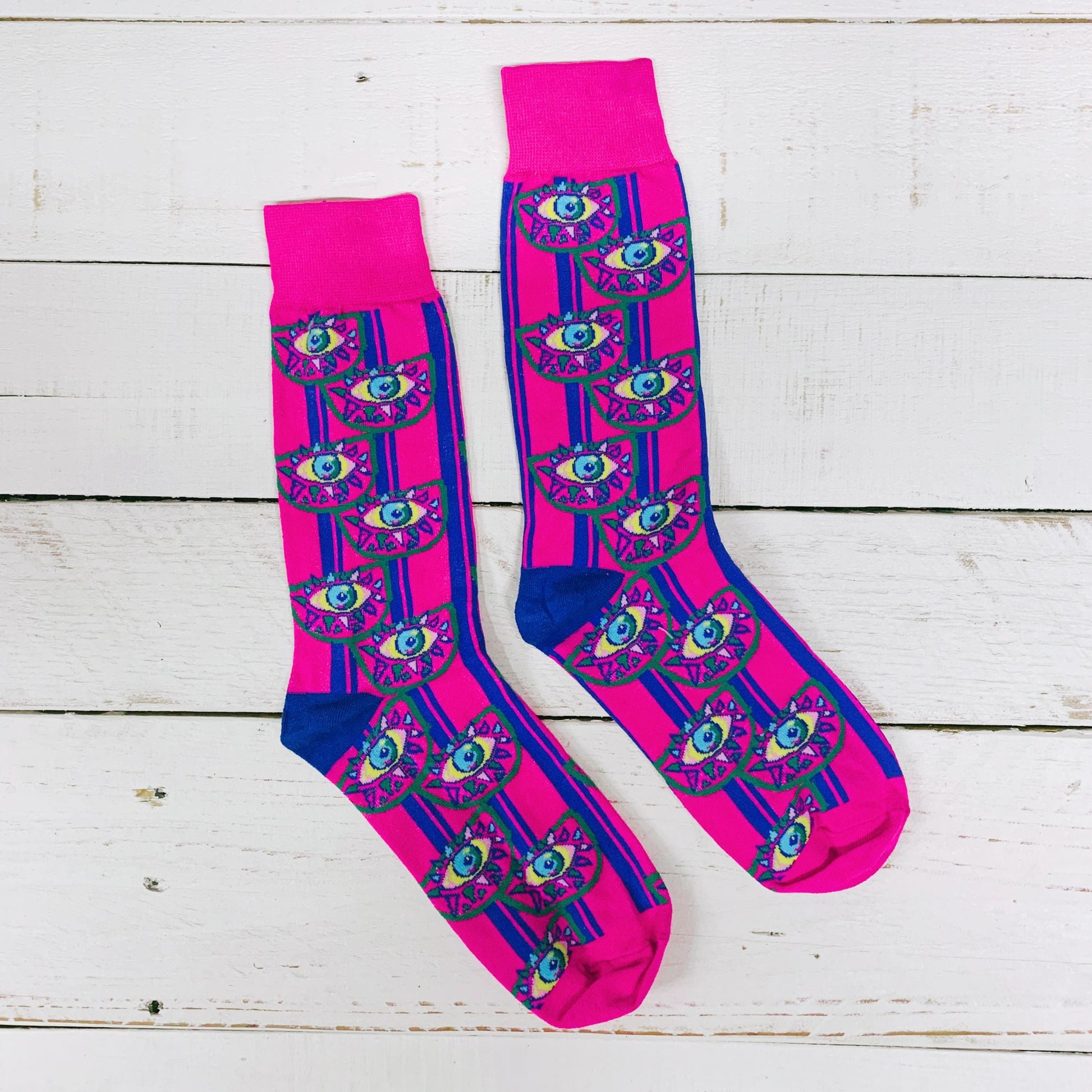 Tropical Third Eye in Pink and Blue Cotton Socks | Women‘s Crew Socks