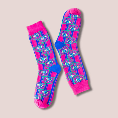 Tropical Third Eye in Pink and Blue Cotton Socks | Women‘s Crew Socks