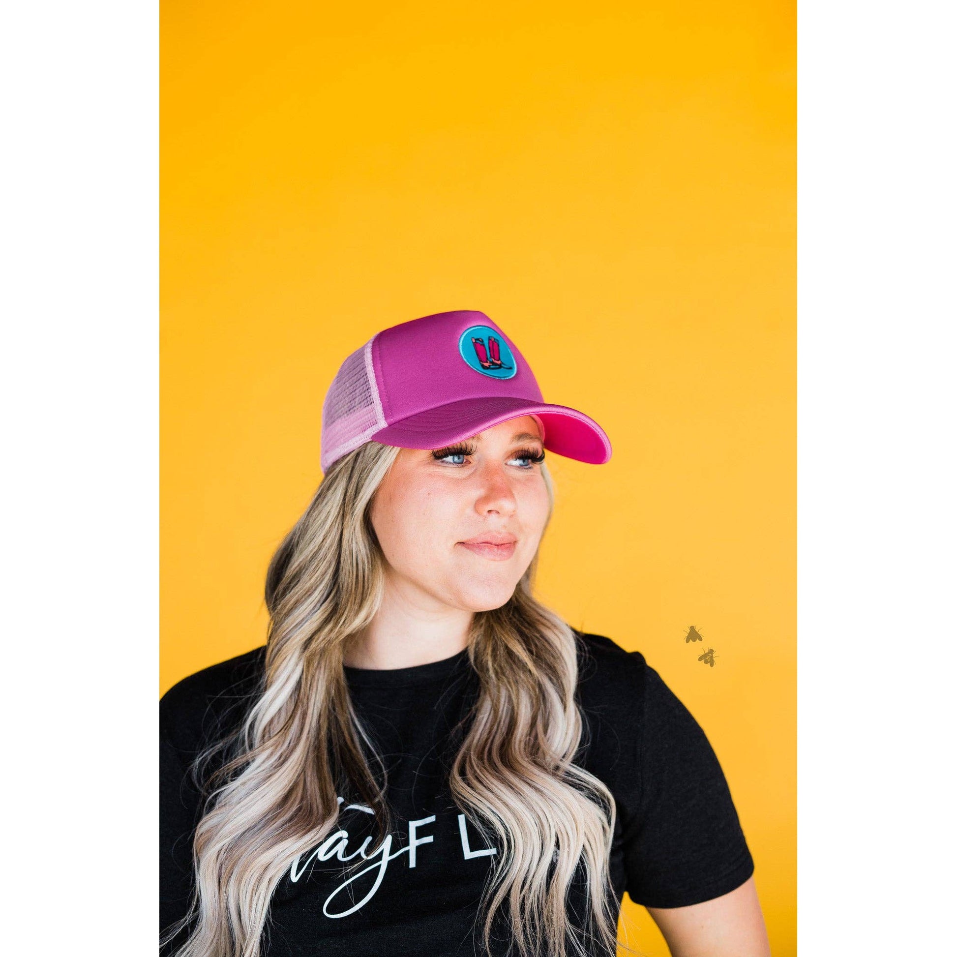 Truck Yeah Boot Ponytail Cap in Magenta and Pink Mesh Back | Adjustable Trucker Sun Visor