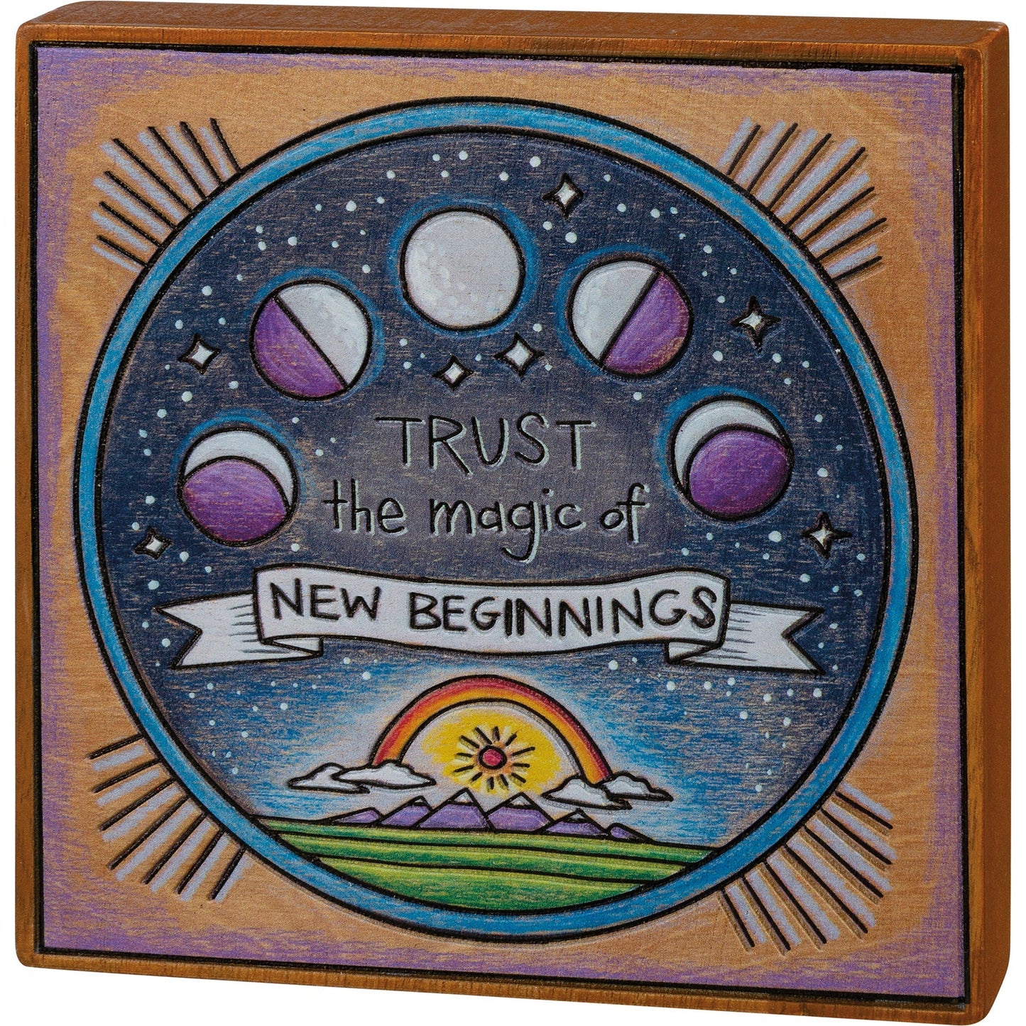 Trust The Magic Of New Beginnings Celestial Block Sign | Moon Phases Wall Decor | 6" x 6"