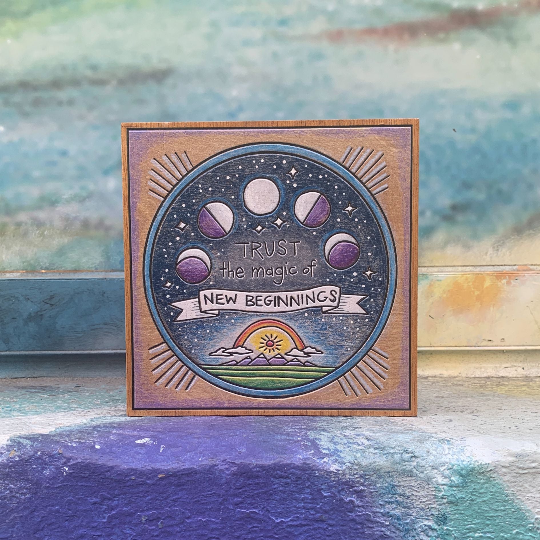 Trust The Magic Of New Beginnings Celestial Block Sign | Moon Phases Wall Decor | 6" x 6"