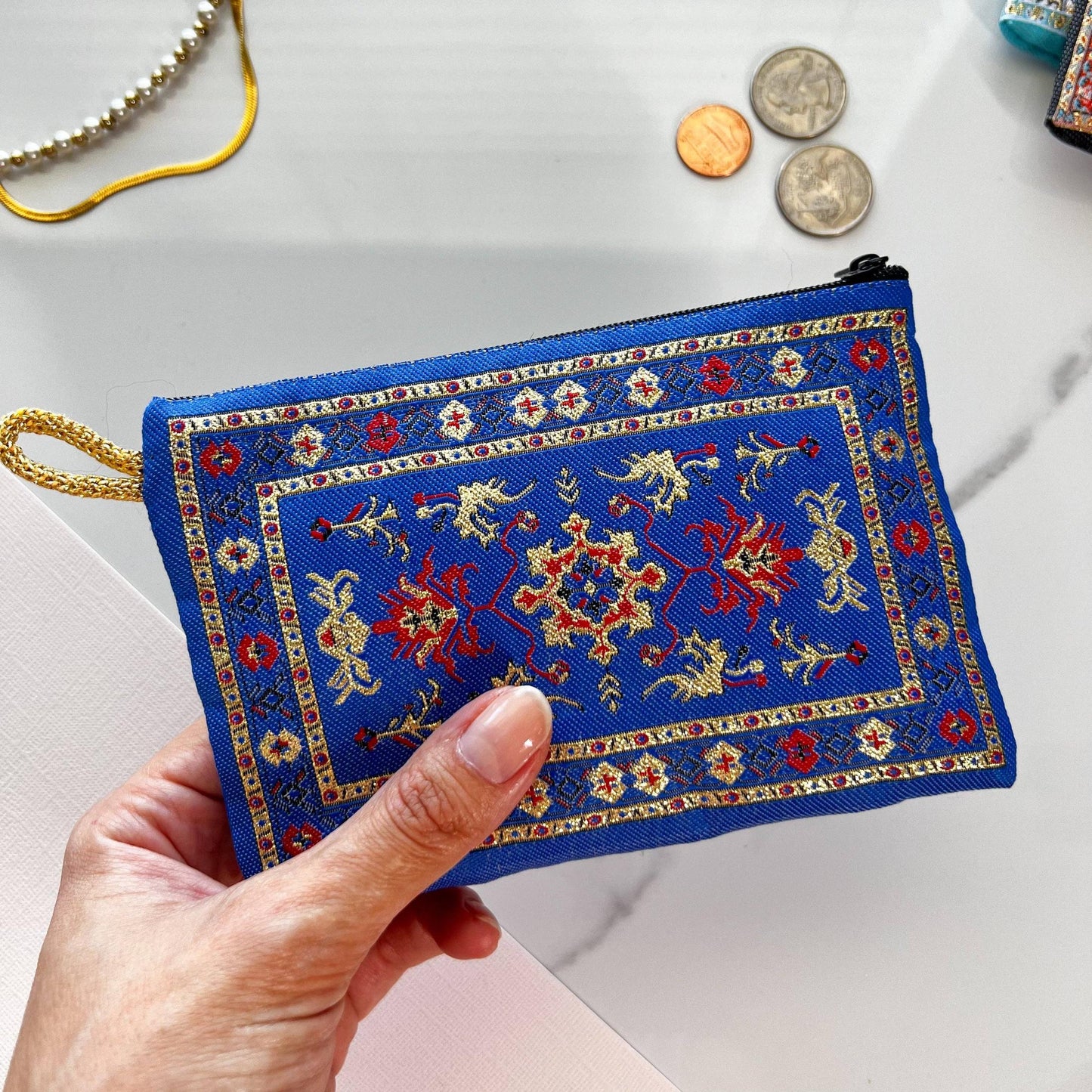 Turkish Rug Design Blue Coin Purse Zipper Pouch Handmade in