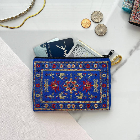 Turkish Rug Design Blue Coin Purse Small Zipper Pouch | Wallet Organizer | Handmade in Turkey | 4" x 5"