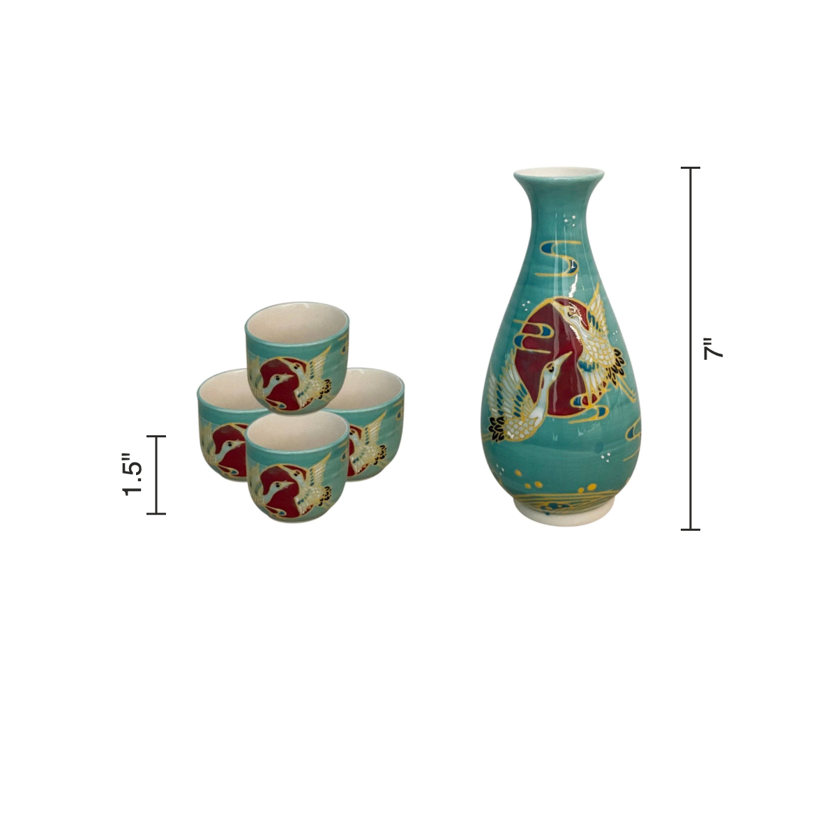 Size chart: sake bottle 7 inches tall, cups 1.5 inches tall