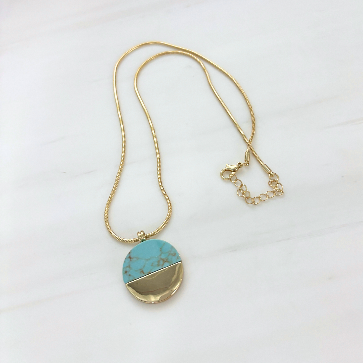 Turquoise Disc Necklace 20" Chain with 1" Stone Pendant | Minimalist Half-Metal Jewelry