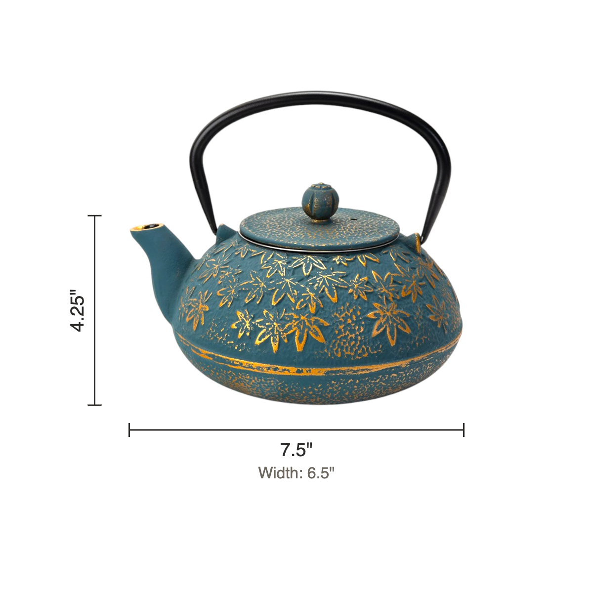 Size chart: teapot 4.25 inches tall, 7.5 inches long, 6.5 inches wide