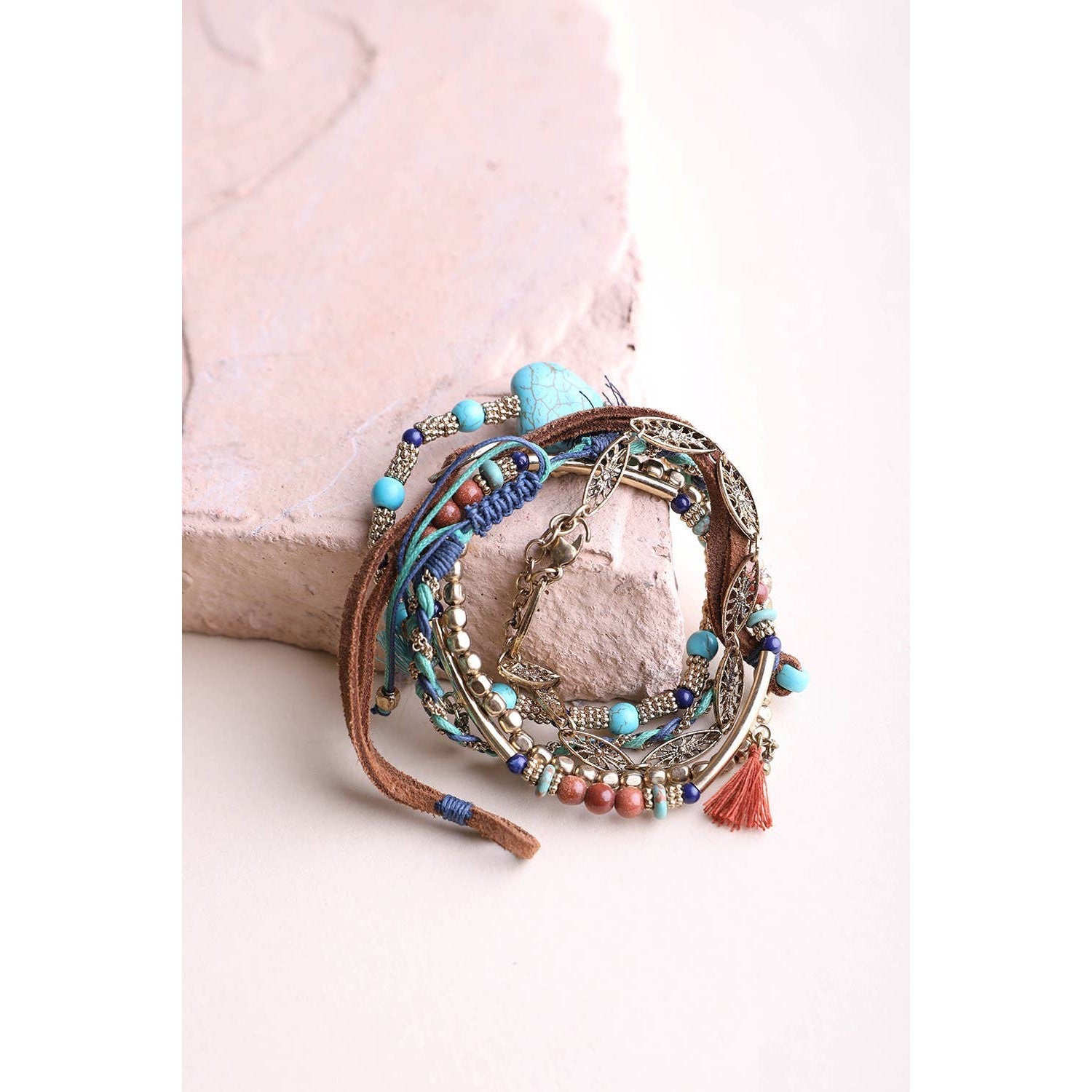 Turquoise Stackable Suede Bracelet | Mixed Beads & Natural Stone Bohemian Style Fashion Jewelry