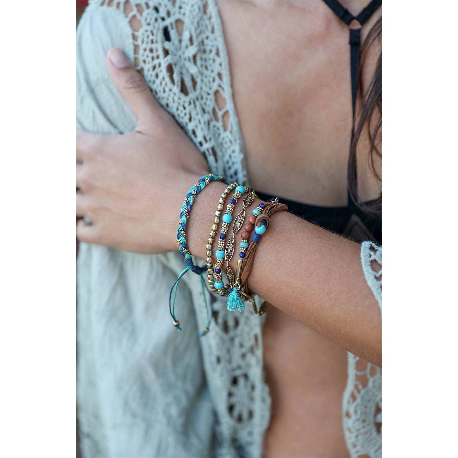 Turquoise Stackable Suede Bracelet | Mixed Beads & Natural Stone Bohemian Style Fashion Jewelry