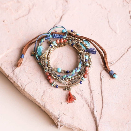 Turquoise Stackable Suede Bracelet | Mixed Beads & Natural Stone Bohemian Style Fashion Jewelry