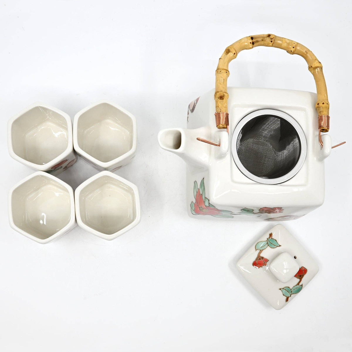 Twin Sparrows Tsubaki Porcelain Tea Set | 20 fl oz Teapot and 4 Hexagon Cups