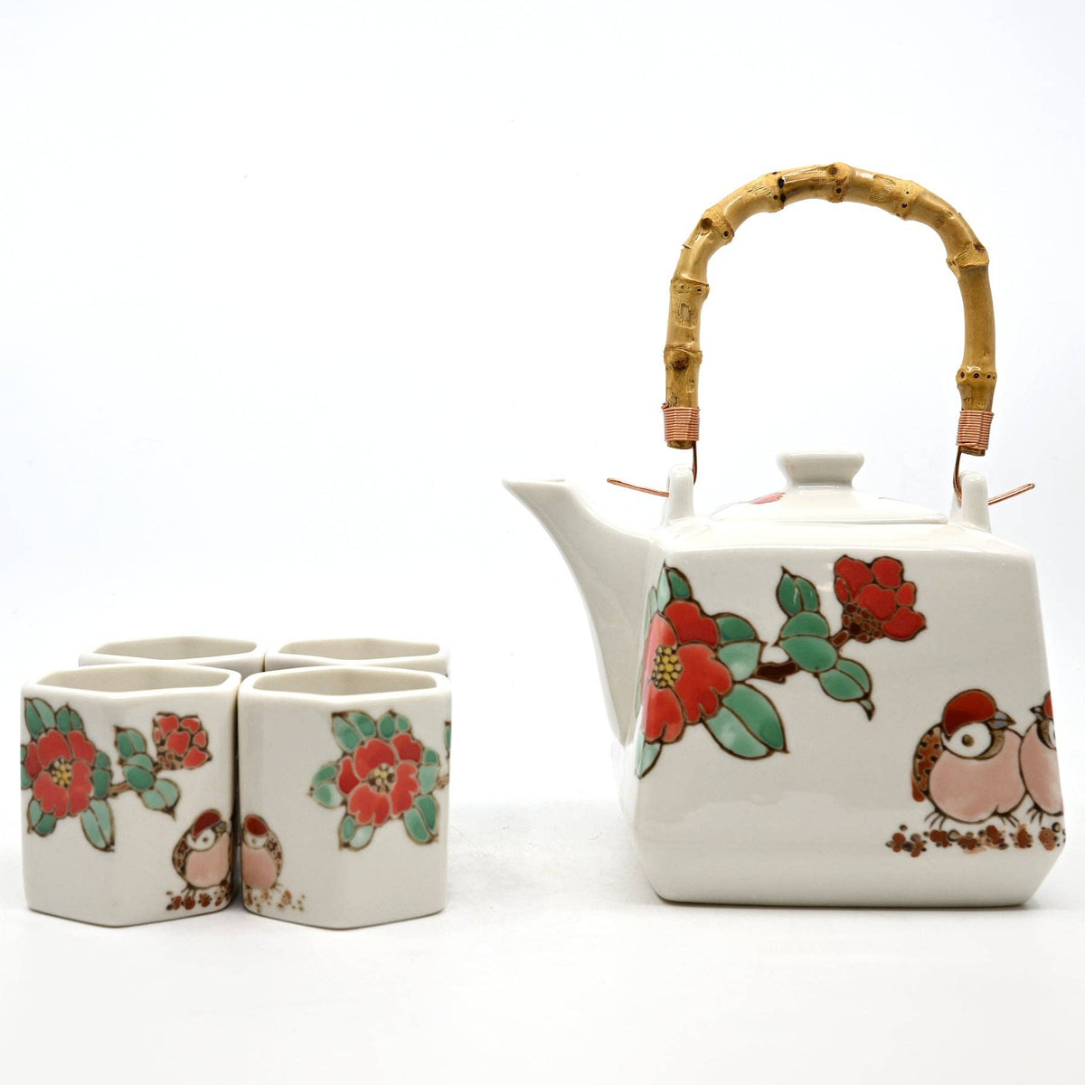 Twin Sparrows Tsubaki Porcelain Tea Set | 20 fl oz Teapot and 4 Hexagon Cups