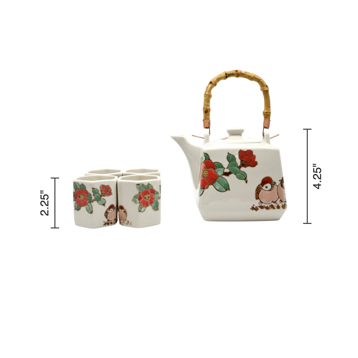 Size chart: teapot 4.25 inches tall, cups 2.25 inches tall