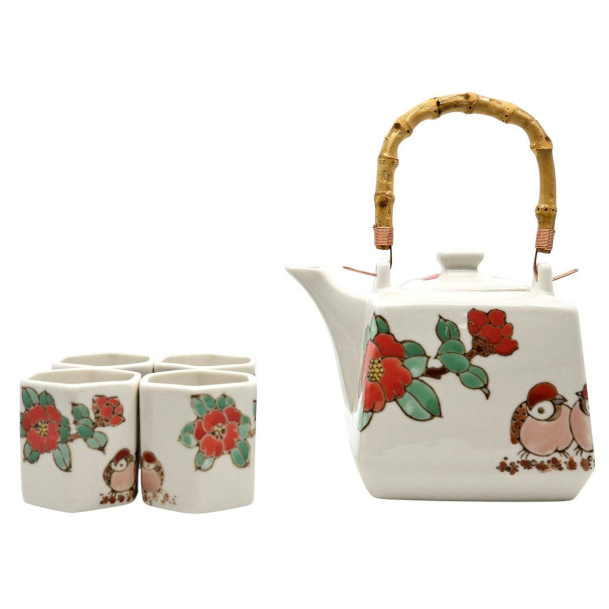 Tea set with floral and bird design