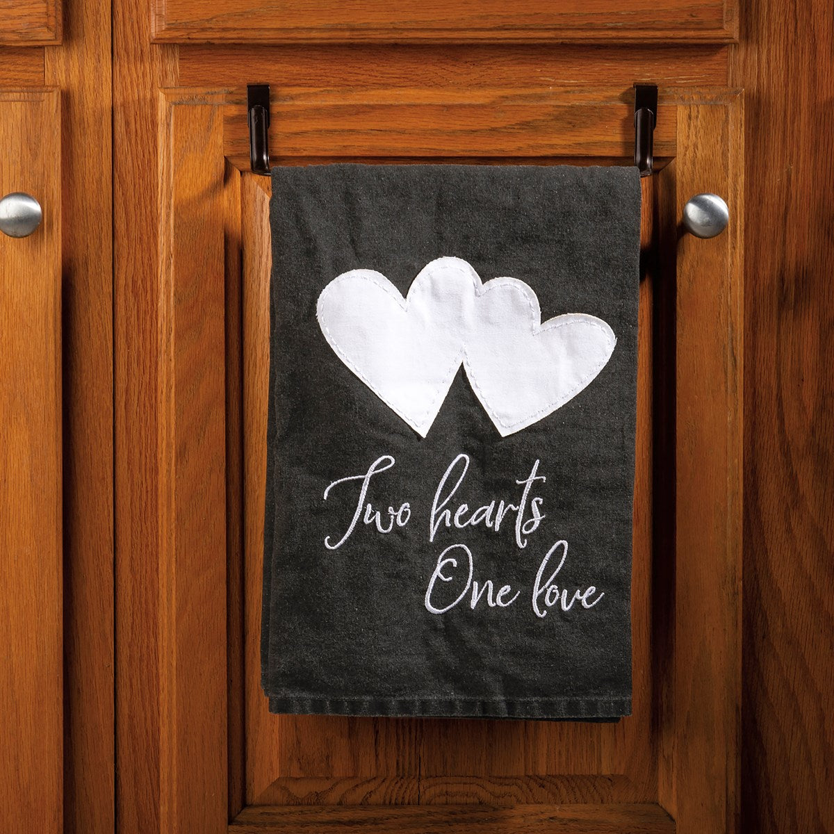 Two Hearts One Love Kitchen Towel | Black and White Stonewashed Tea Dish Cloth | 28" x 28"