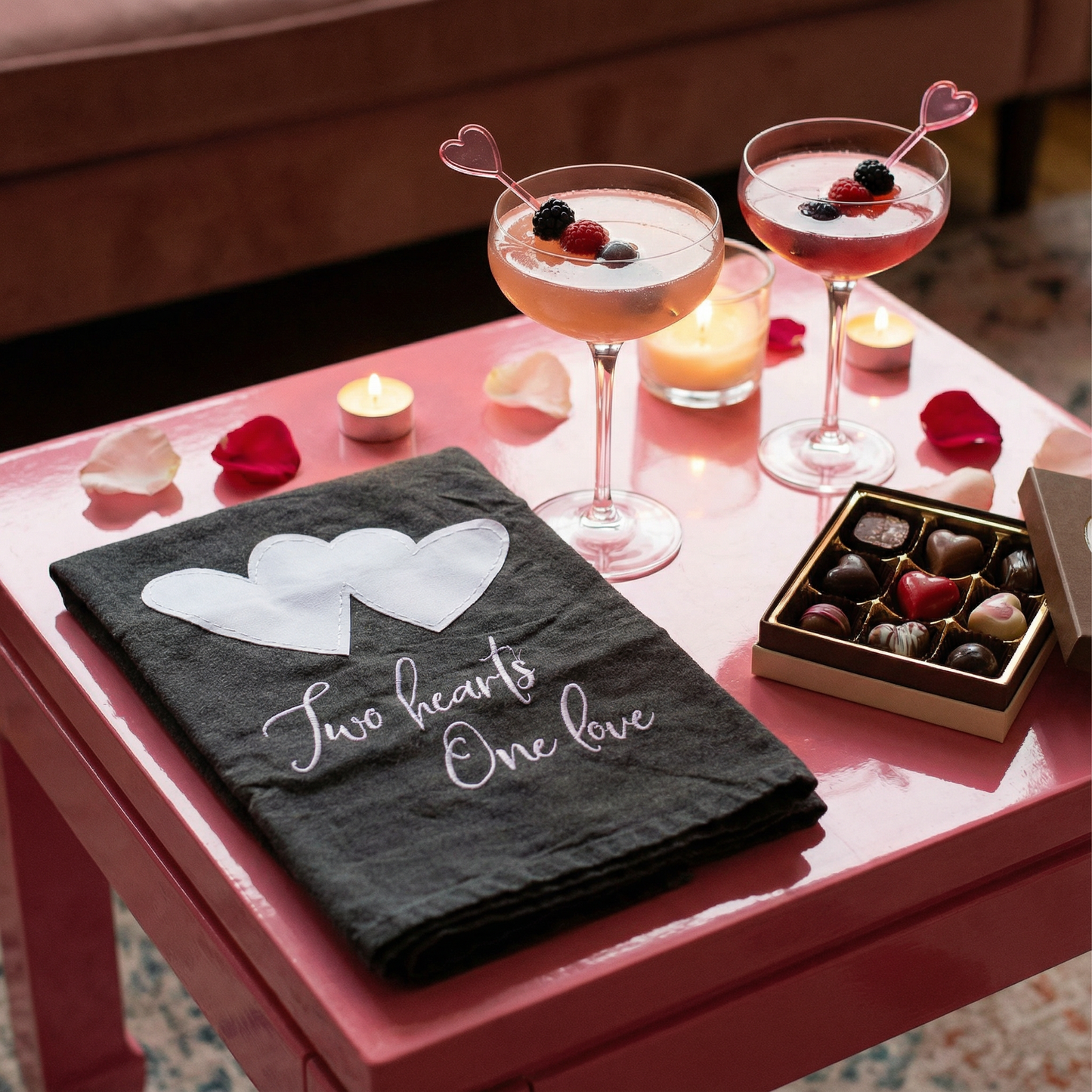 Two Hearts One Love Kitchen Towel | Black and White Stonewashed Tea Dish Cloth | 28" x 28"