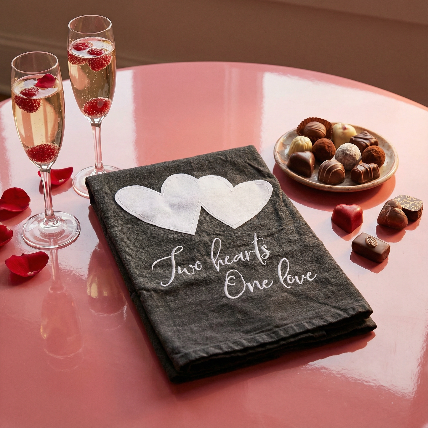 Two Hearts One Love Kitchen Towel | Black and White Stonewashed Tea Dish Cloth | 28" x 28"