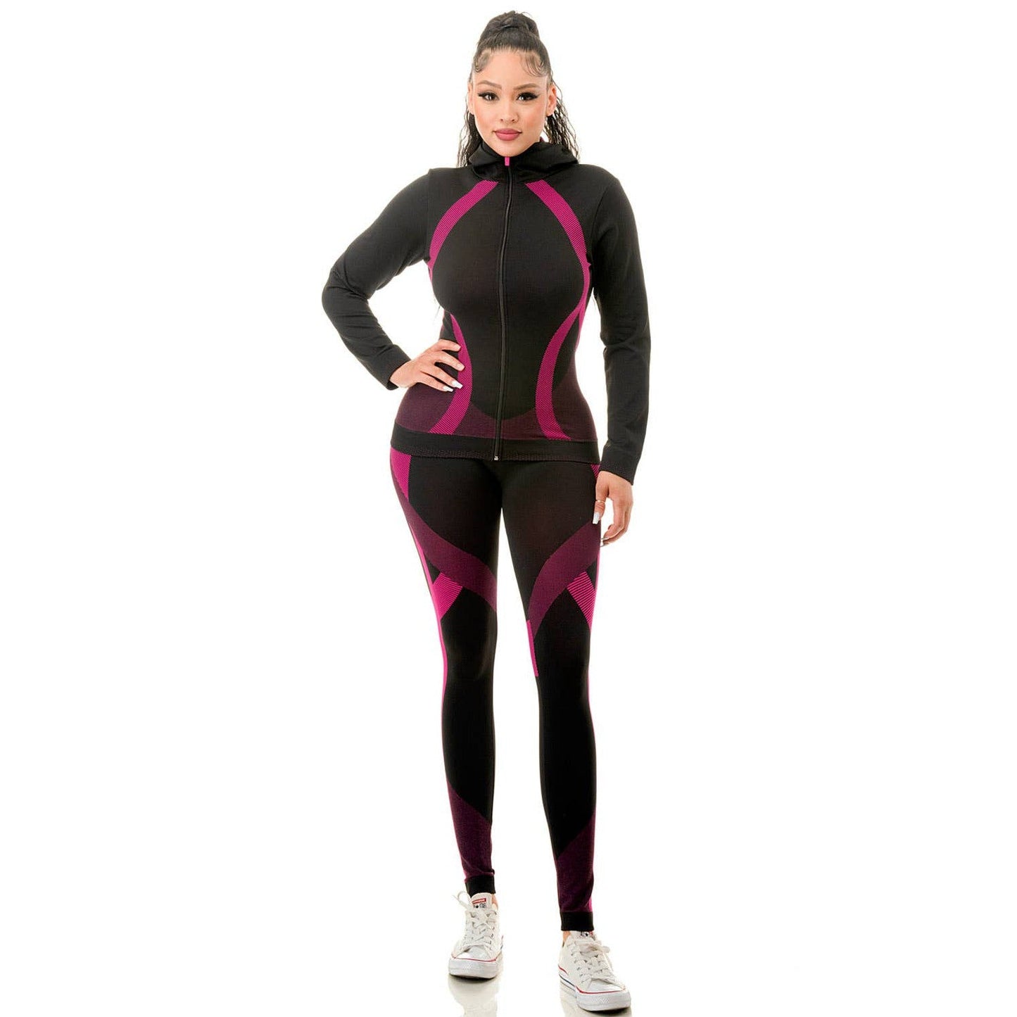 Two Piece Active Zip Up Hooded Jacket + Leggings Set in Fuchsia