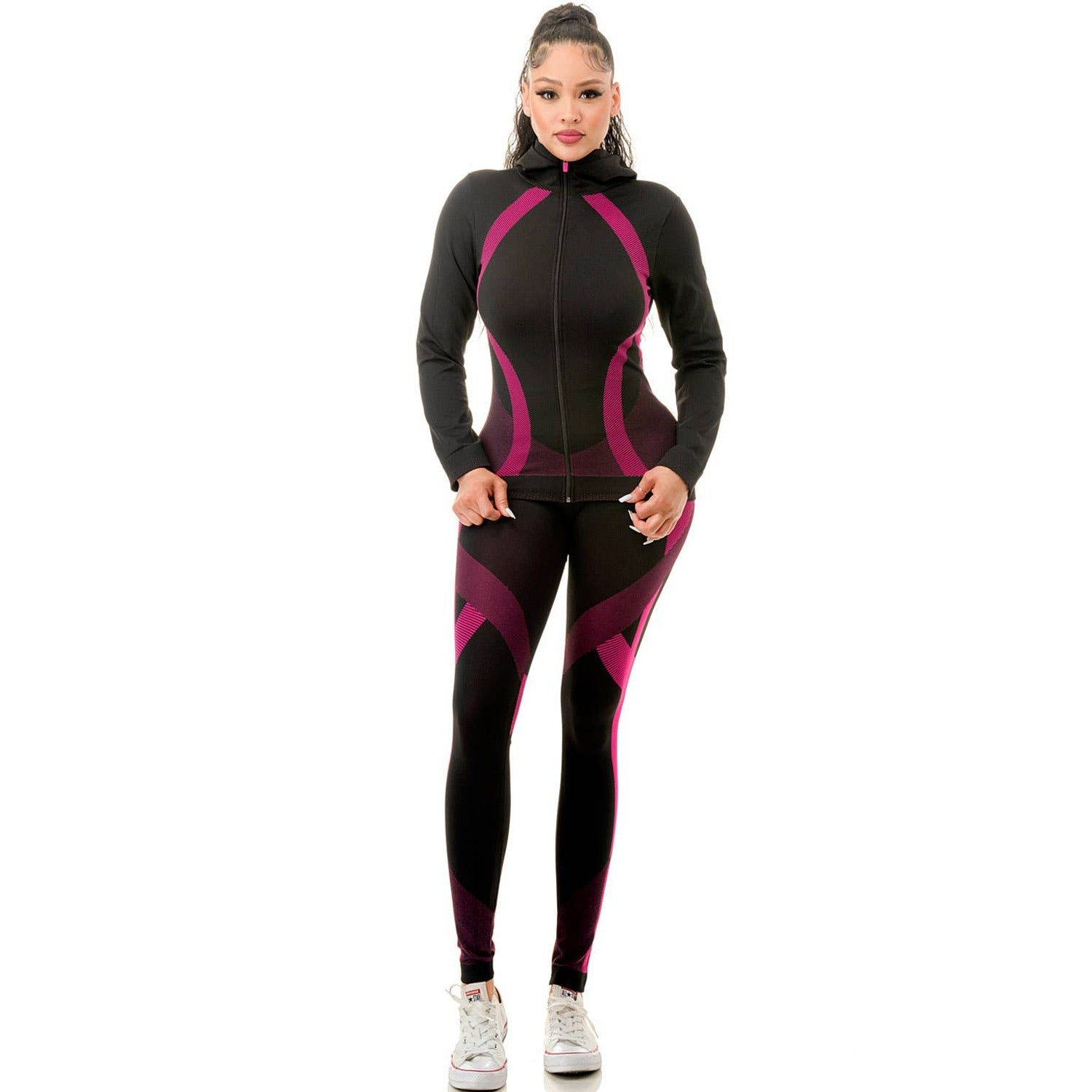 Two Piece Active Zip Up Hooded Jacket + Leggings Set in Fuchsia