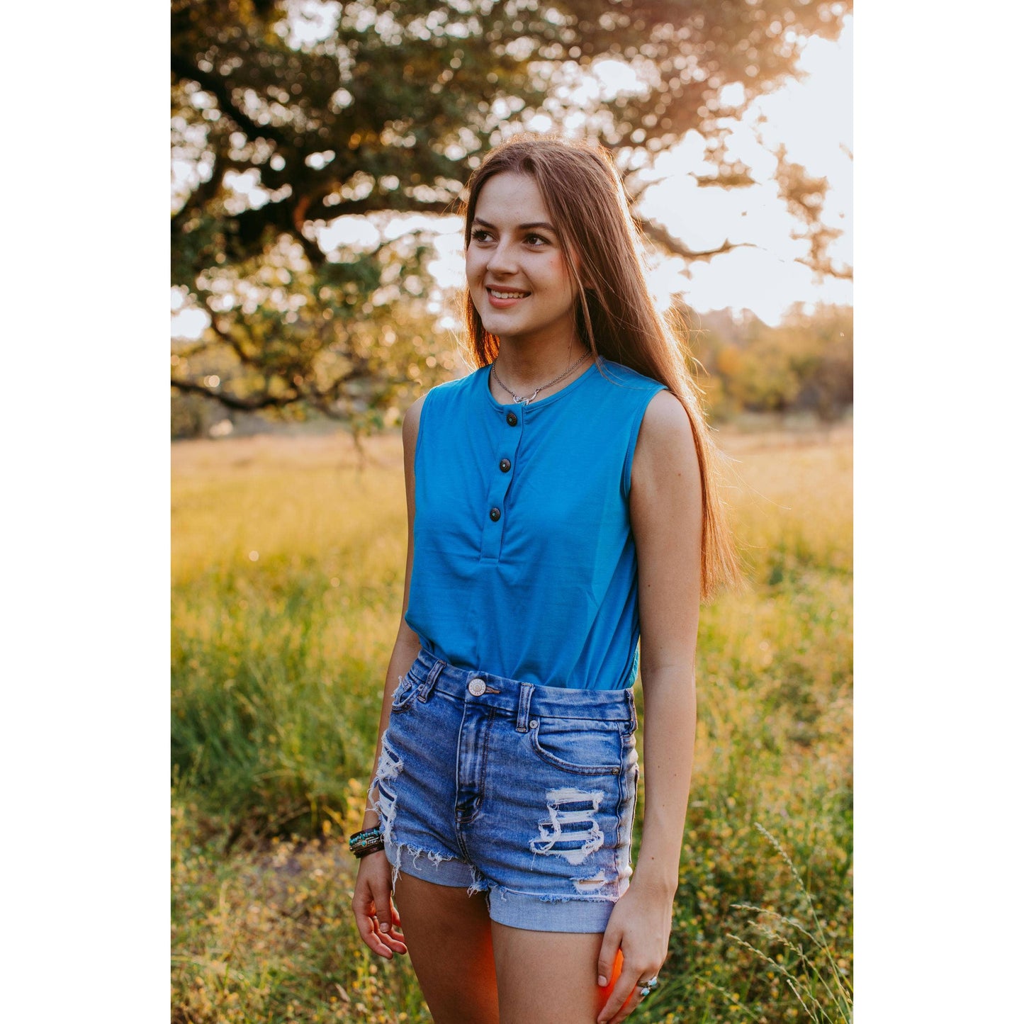 Two Steppin' Sleeveless Henley Bodysuit with Embellished Western Buttons