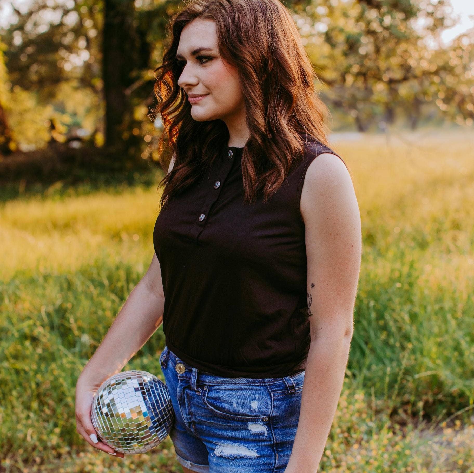 Two Steppin' Sleeveless Henley Bodysuit with Embellished Western Buttons