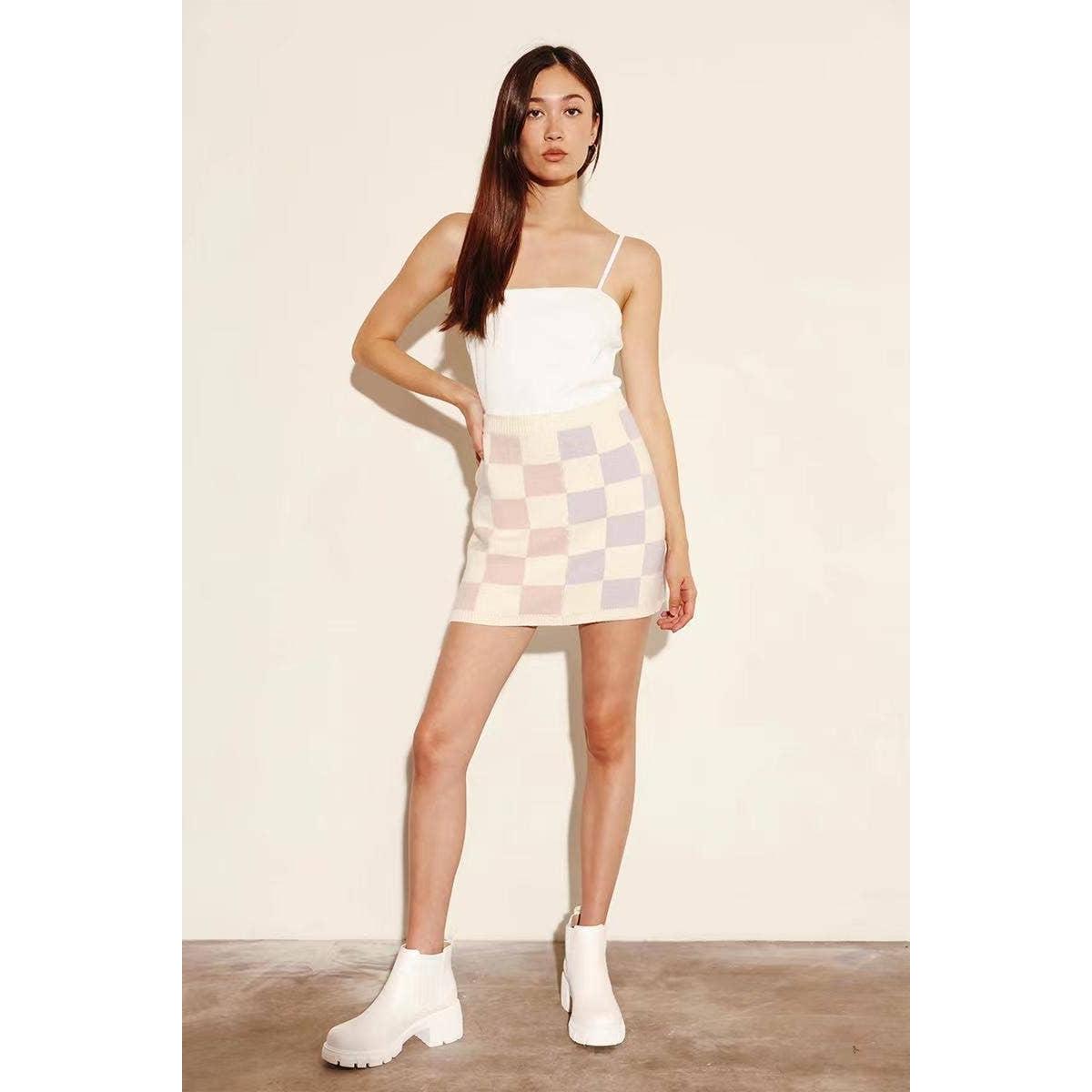 Two Tone Check Sweater Mini Skirt | Lilac Checker Intarsia Knit Skirt [SM–XL]